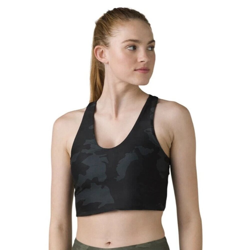 Prana Momento Crop Top Reversible Womens XS Black Green‎ Camo Yoga